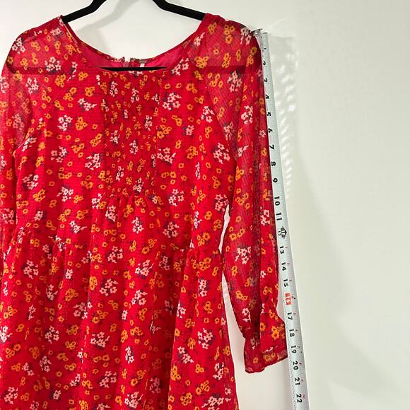 Free People Red‎ Floral Smocked Puff Sleeve Mini Babydoll Chiffon Dress Tunic S - Picture 8 of 10